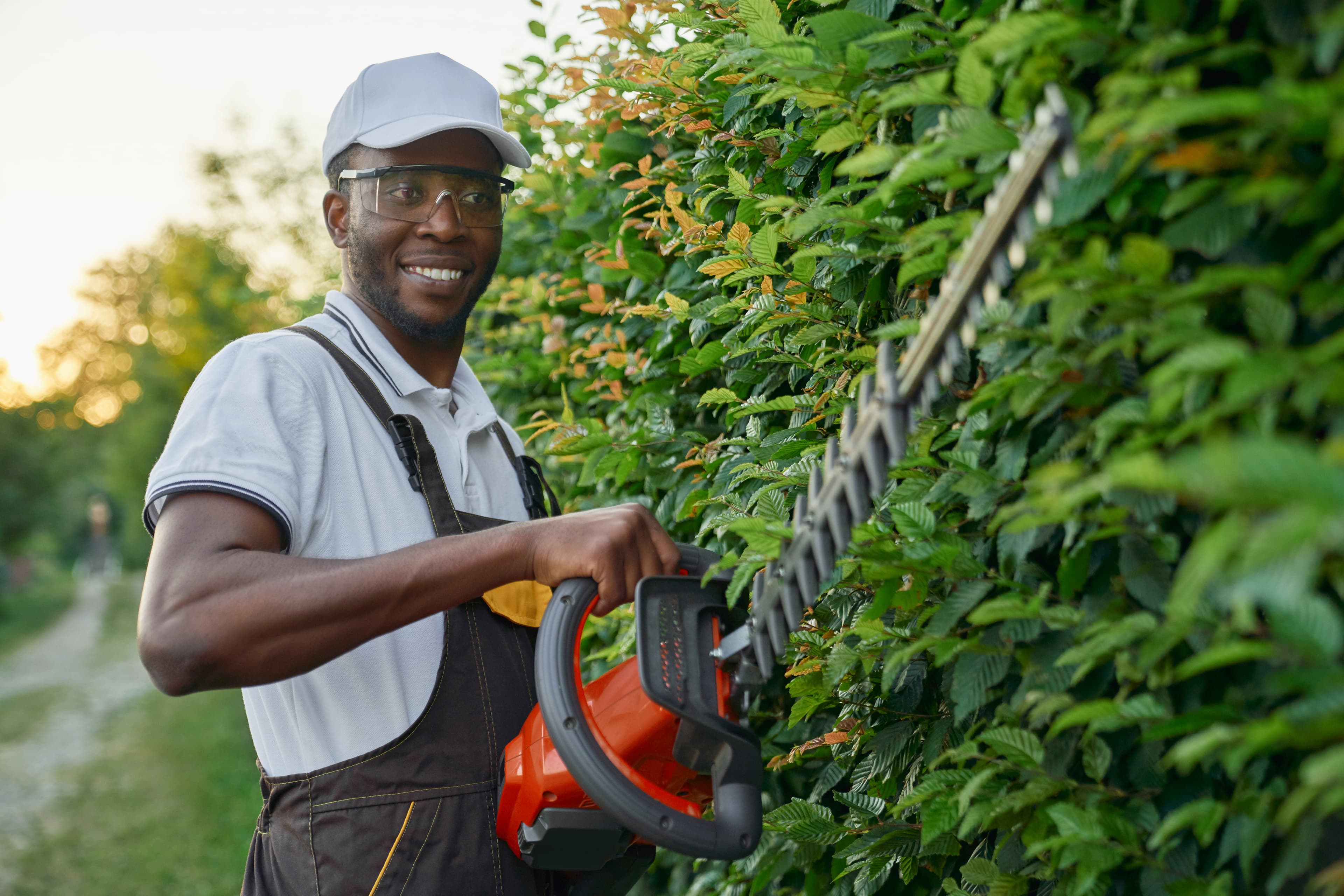 Gardener trimming hedges
